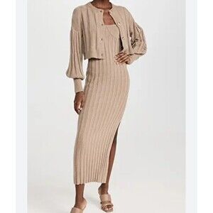 Something Navy Delicate Rib Knit Maxi Dress & Cropped Cardigan Set Tan Cotton XL